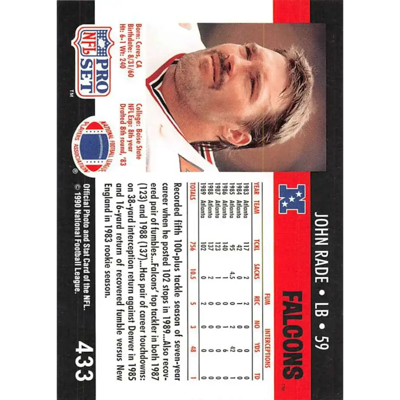 1990 Pro Set #433 John Rade NM-MT Atlanta Falcons Football Card - Football Card Single