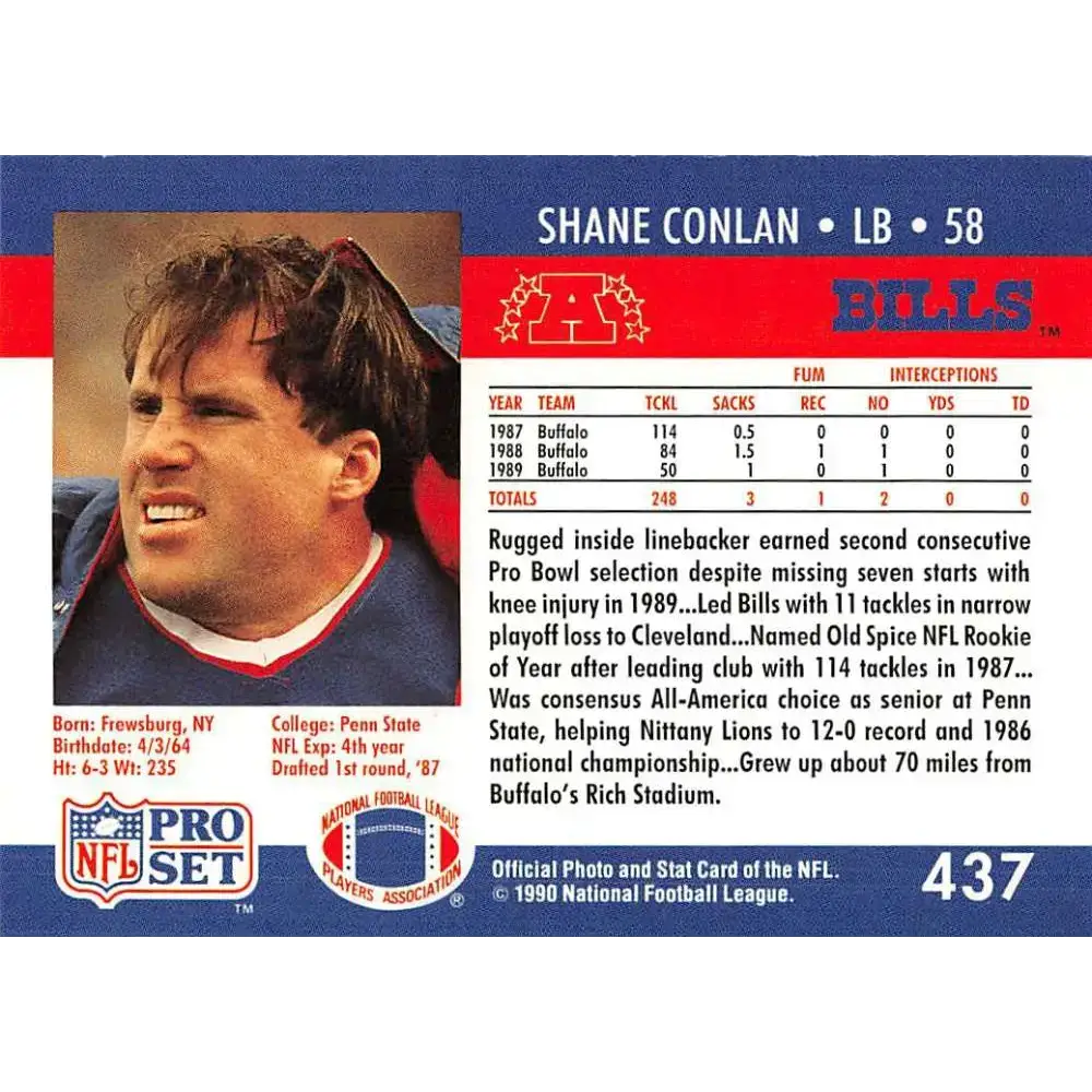 1990 Pro Set #437 Shane Conlan NM-MT Buffalo Bills Football Card - Football Card Single