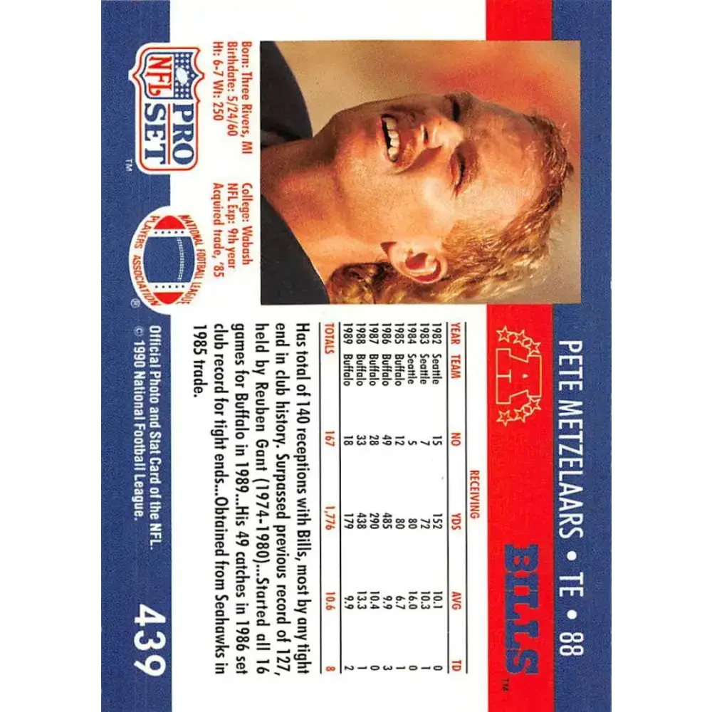 1990 Pro Set #439 Pete Metzelaars NM-MT Buffalo Bills Football Card - Football Card Single