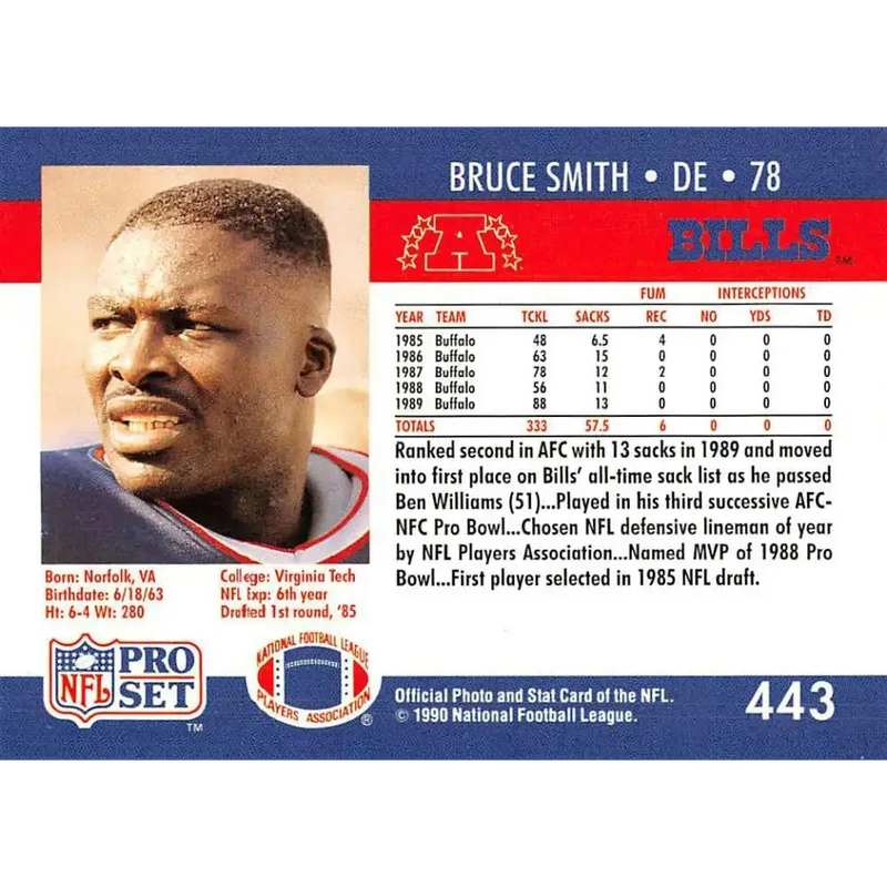 1990 Pro Set #443 Bruce Smith NM-MT Buffalo Bills Football Card - Football Card Single