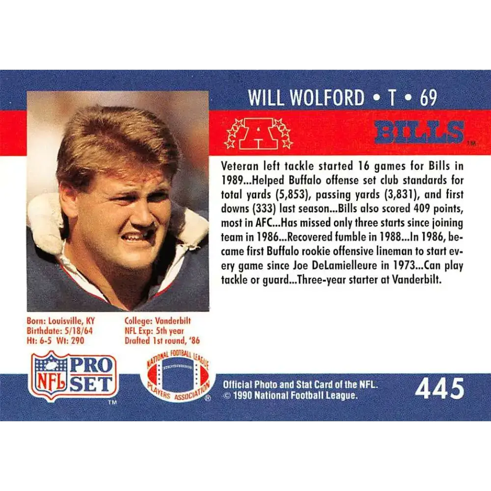 1990 Pro Set #445 Will Wolford NM-MT Buffalo Bills Football Card - Football Card Single
