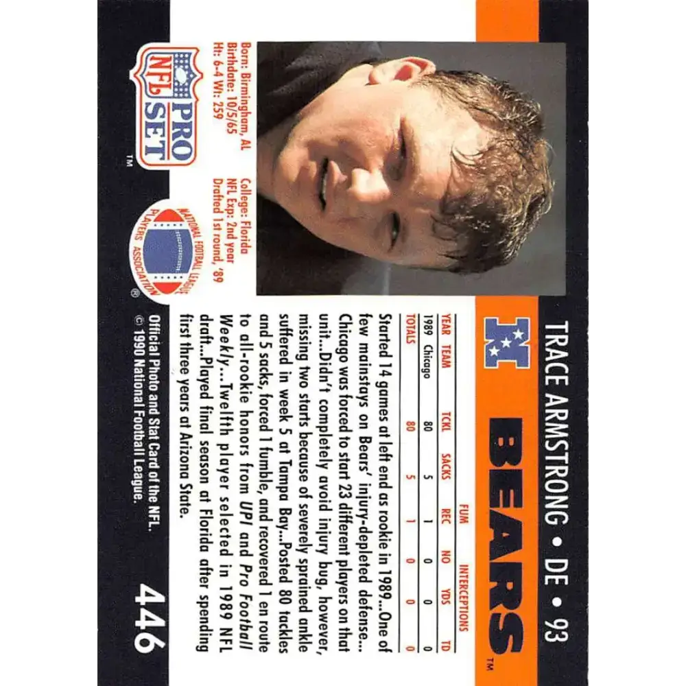1990 Pro Set #446 Trace Armstrong NM-MT Chicago Bears Football Card - Football Card Single