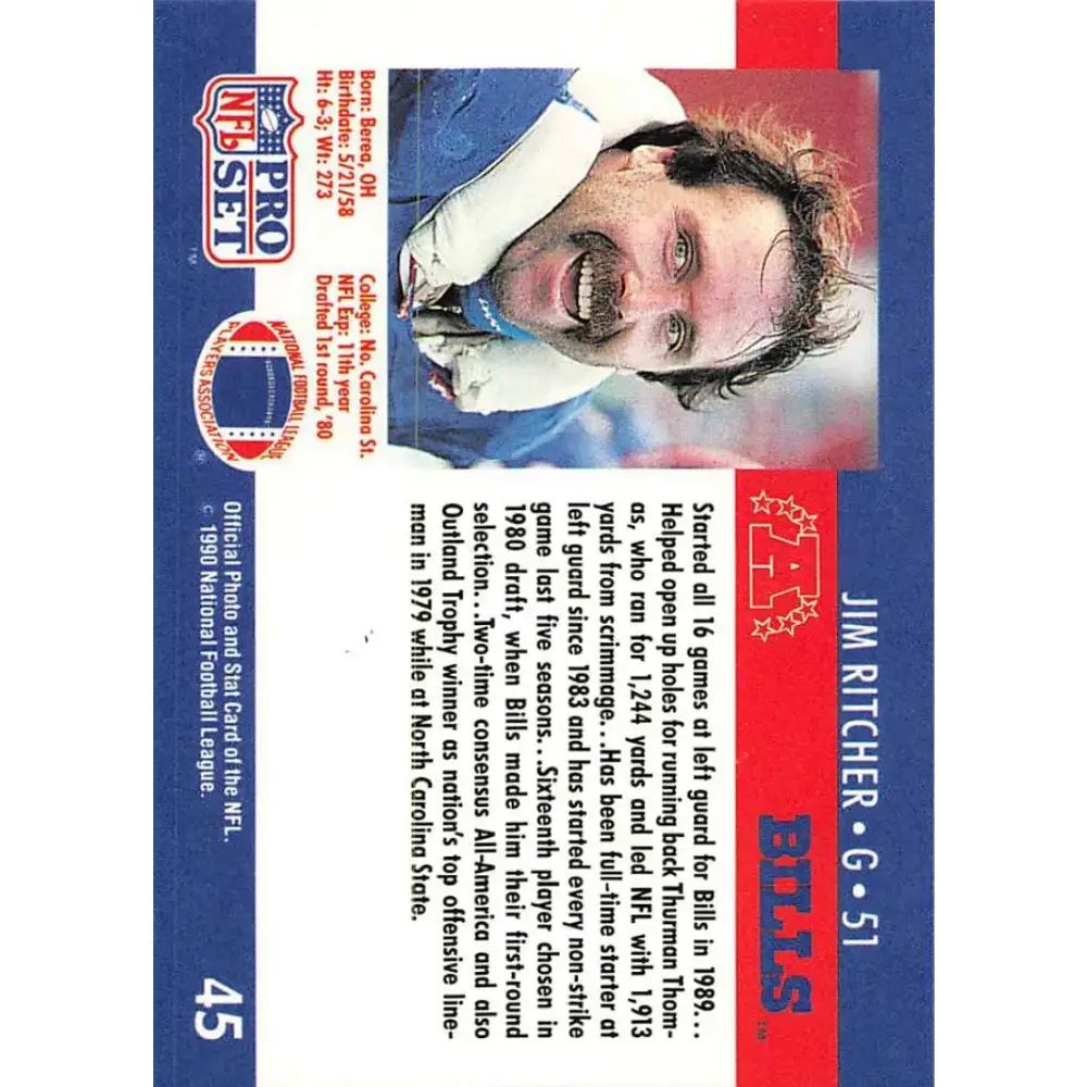 1990 Pro Set #45 Jim Ritcher NM-MT RC Rookie Buffalo Bills Football Card - Football Card Single