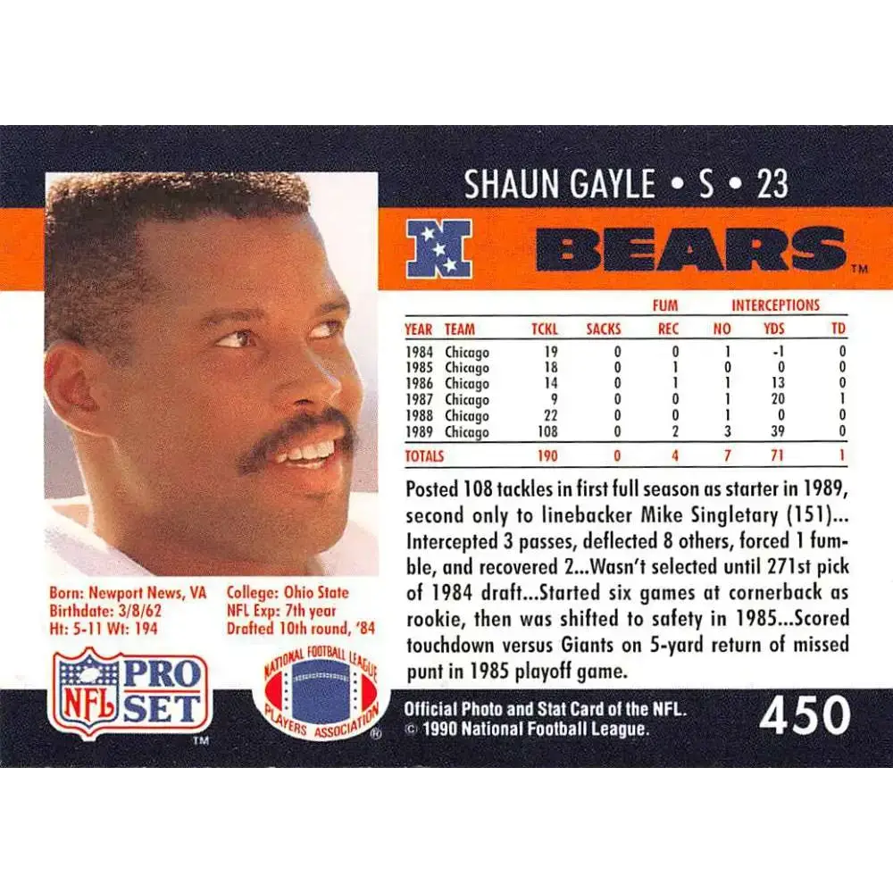 1990 Pro Set #450 Shaun Gayle NM-MT RC Rookie Chicago Bears Football Card - Football Card Single