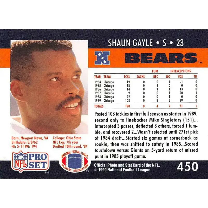 1990 Pro Set #450 Shaun Gayle NM-MT RC Rookie Chicago Bears Football Card - Football Card Single