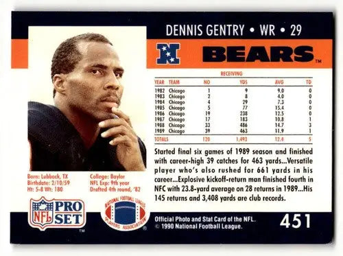 Original gloss Dennis Gentry Chicago football card from 1990 Pro Set #451, Gentry Chicago Bears