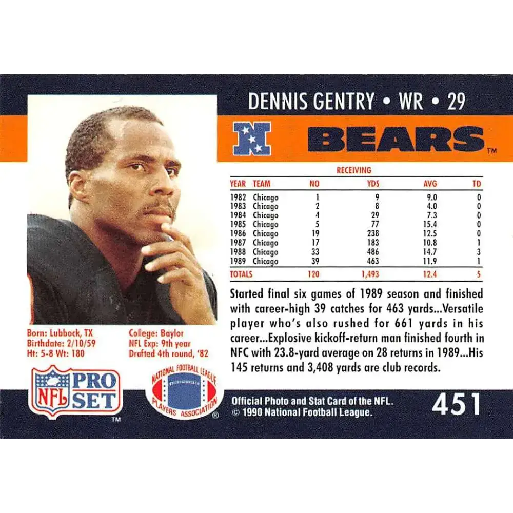 1990 Pro Set #451 Dennis Gentry NM-MT Chicago Bears Football Card - Football Card Single