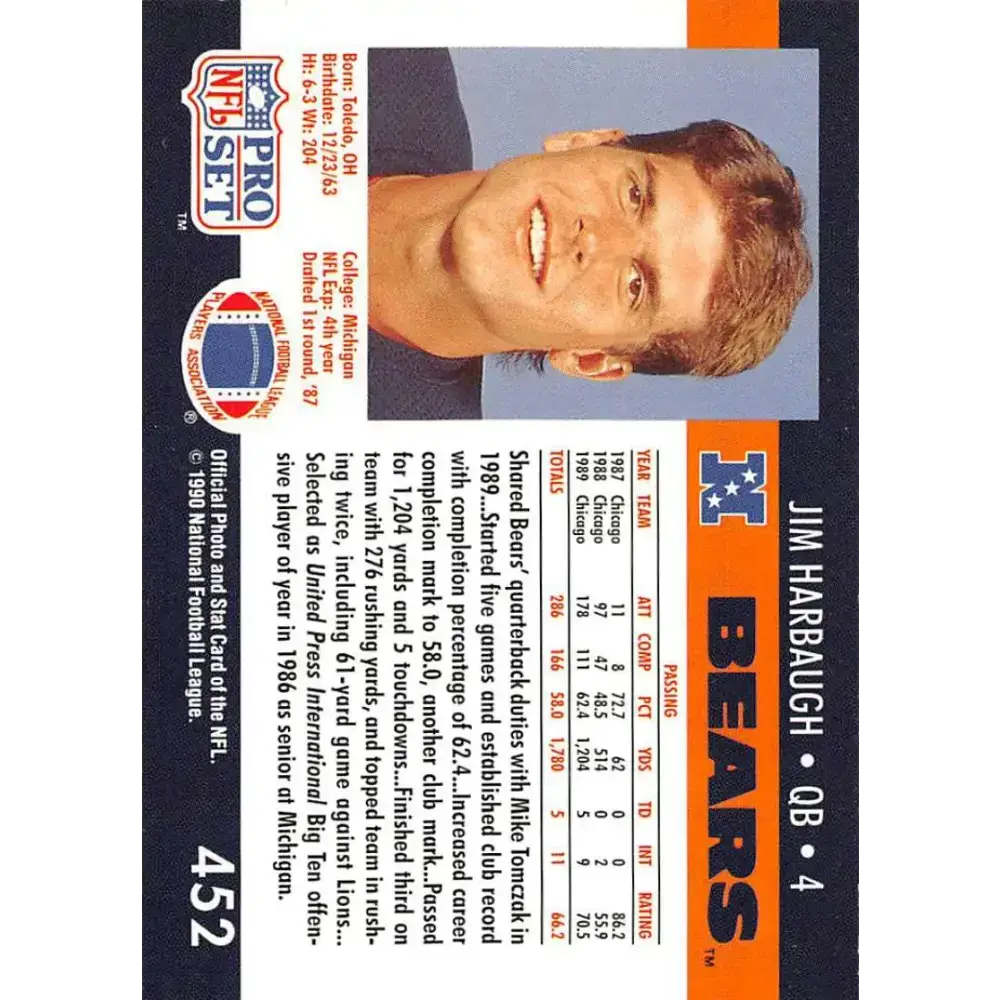 1990 Pro Set #452 Jim Harbaugh NM-MT Chicago Bears Football Card - Football Card Single