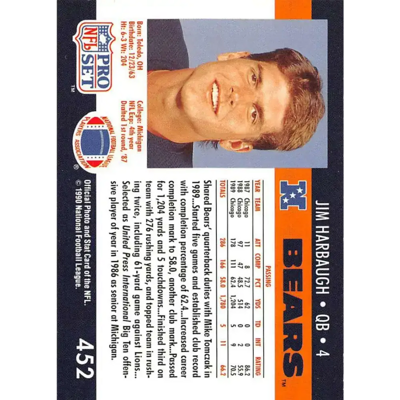 1990 Pro Set #452 Jim Harbaugh NM-MT Chicago Bears Football Card - Football Card Single