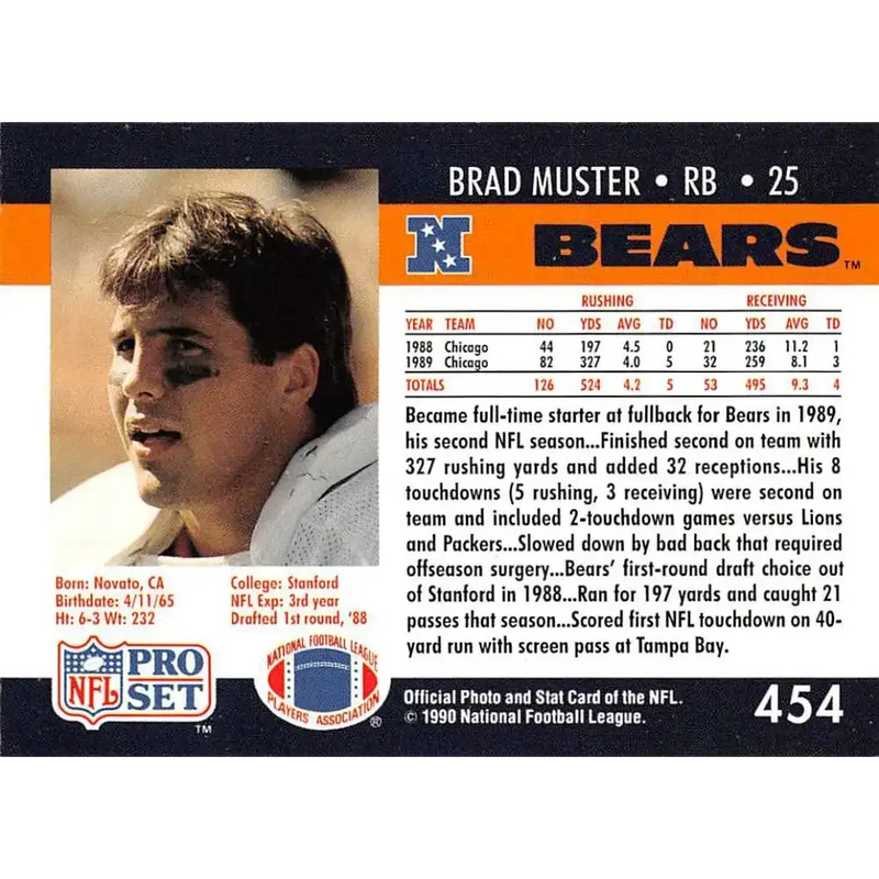 1990 Pro Set #454 Brad Muster NM-MT Chicago Bears Football Card - Football Card Single