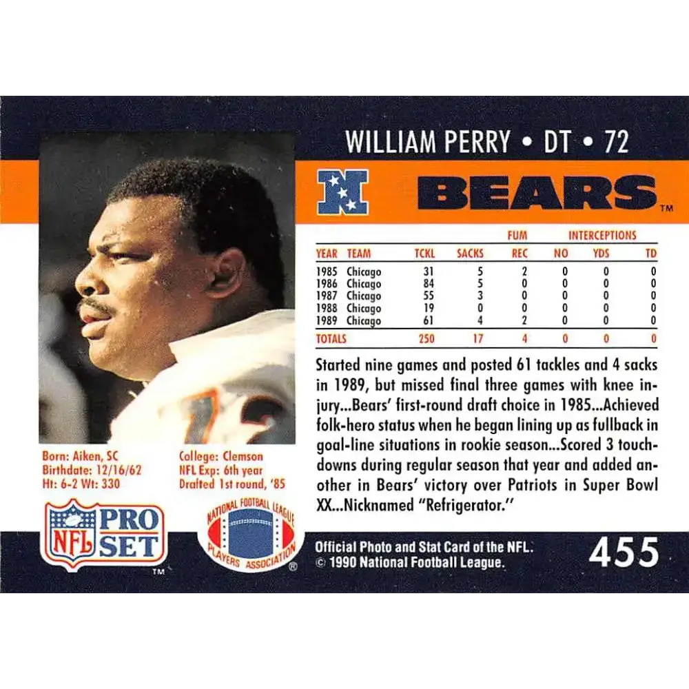 1990 Pro Set #455 William Perry NM-MT Chicago Bears Football Card - Football Card Single