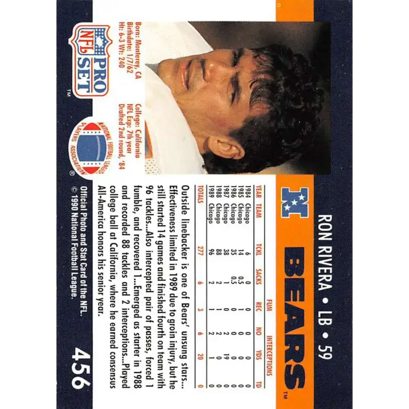 1990 Pro Set #456 Ron Rivera NM-MT Chicago Bears Football Card - Football Card Single