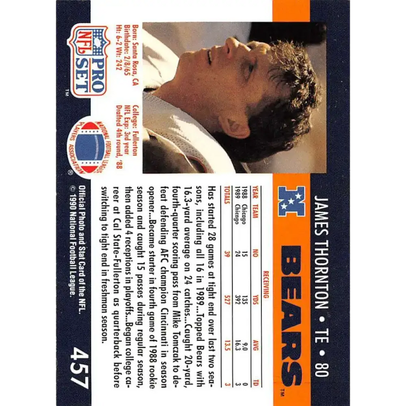 1990 Pro Set #457 James Thornton NM-MT Chicago Bears Football Card - Football Card Single
