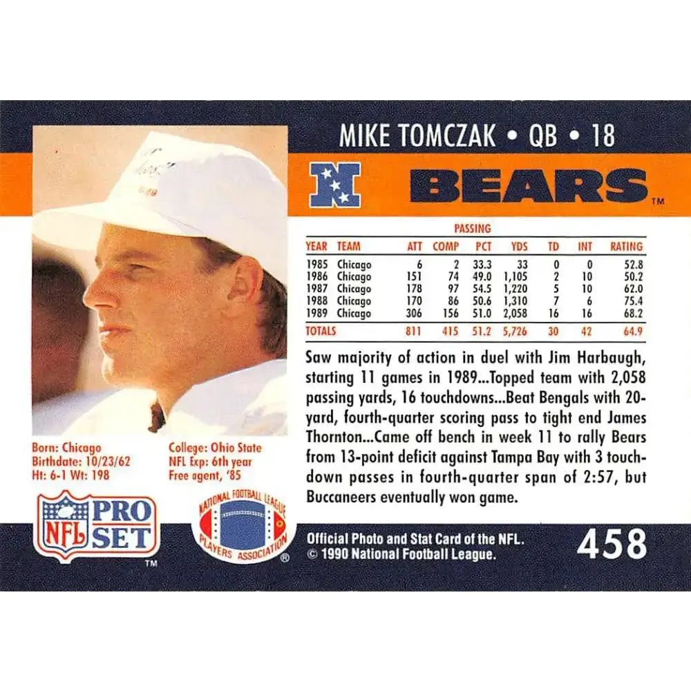 1990 Pro Set #458 Mike Tomczak NM-MT Chicago Bears Football Card - Football Card Single