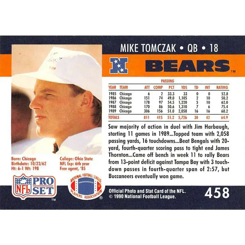 1990 Pro Set #458 Mike Tomczak NM-MT Chicago Bears Football Card - Football Card Single