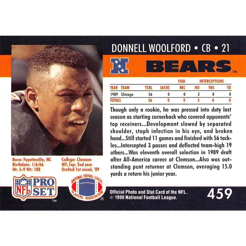 1990 Pro Set #459 Donnell Woolford NM-MT Chicago Bears Football Card - Football Card Single