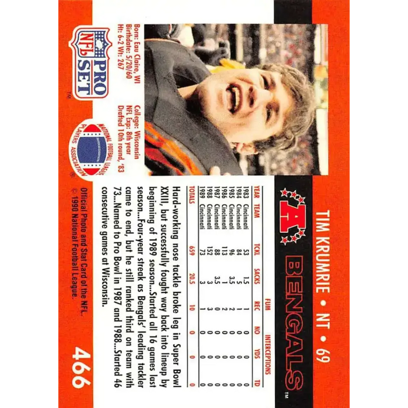 1990 Pro Set #466 Tim Krumrie NM-MT Cincinnati Bengals Football Card - Football Card Single