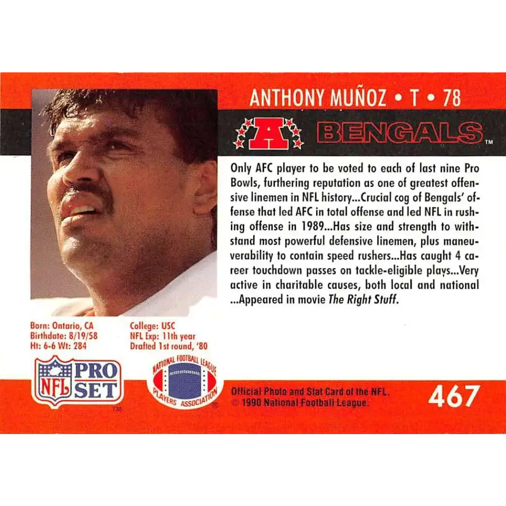 1990 Pro Set #467 Anthony MuÃ±oz NM-MT Cincinnati Bengals Football Card - Football Card Single
