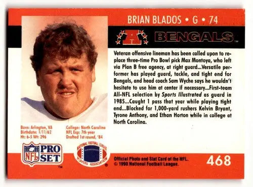 1990 Pro Set Brian Blados Cincinnati Bengals football card showing Brian Blados Cincinnati player