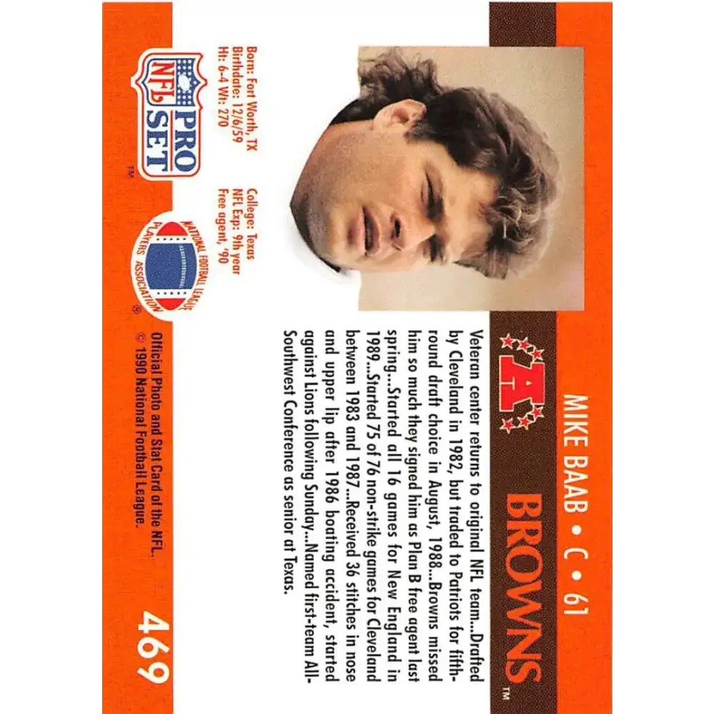 1990 Pro Set #469 Mike Baab NM-MT Cleveland Browns Football Card - Football Card Single