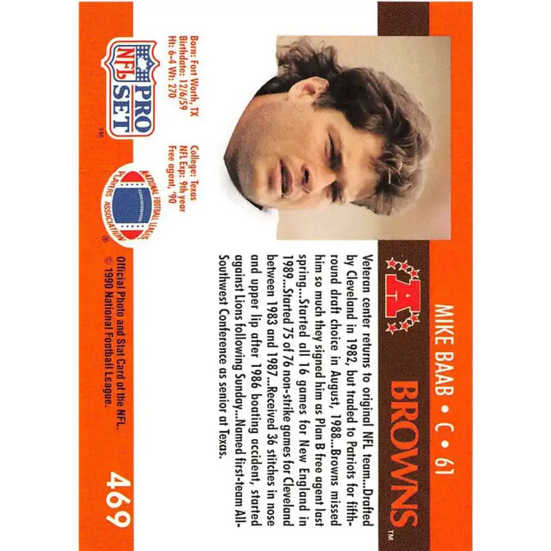 1990 Pro Set #469 Mike Baab NM-MT Cleveland Browns Football Card - Football Card Single