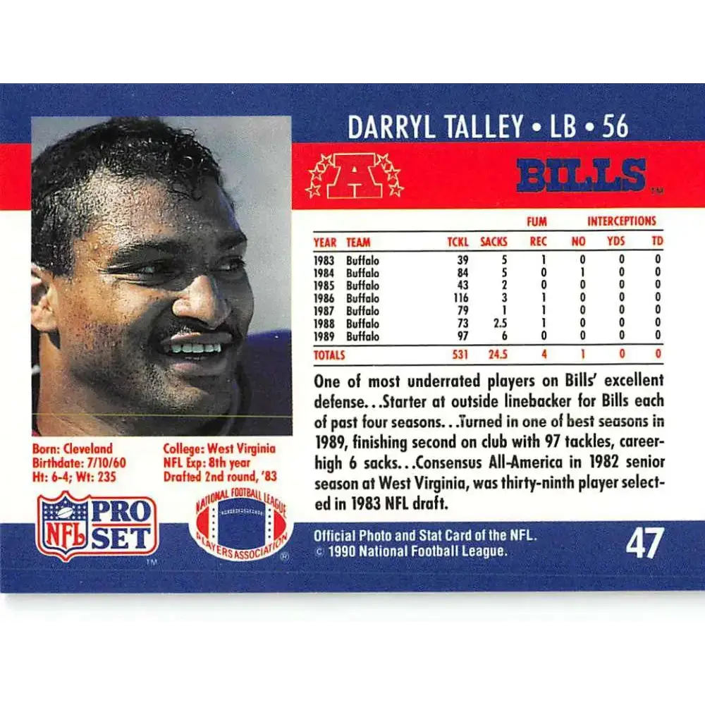 1990 Pro Set #47 Darryl Talley NM-MT Buffalo Bills Football Card - Football Card Single