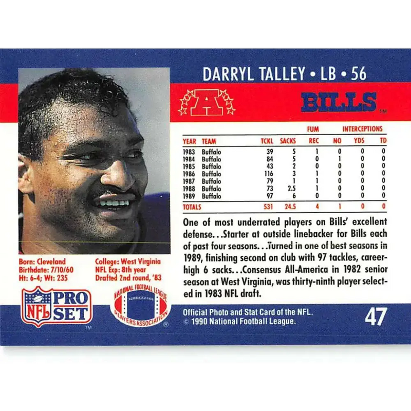 1990 Pro Set #47 Darryl Talley NM-MT Buffalo Bills Football Card - Football Card Single