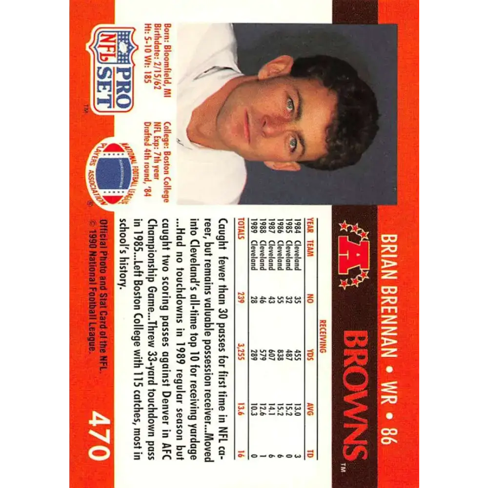 1990 Pro Set #470 Brian Brennan NM-MT Cleveland Browns Football Card - Football Card Single