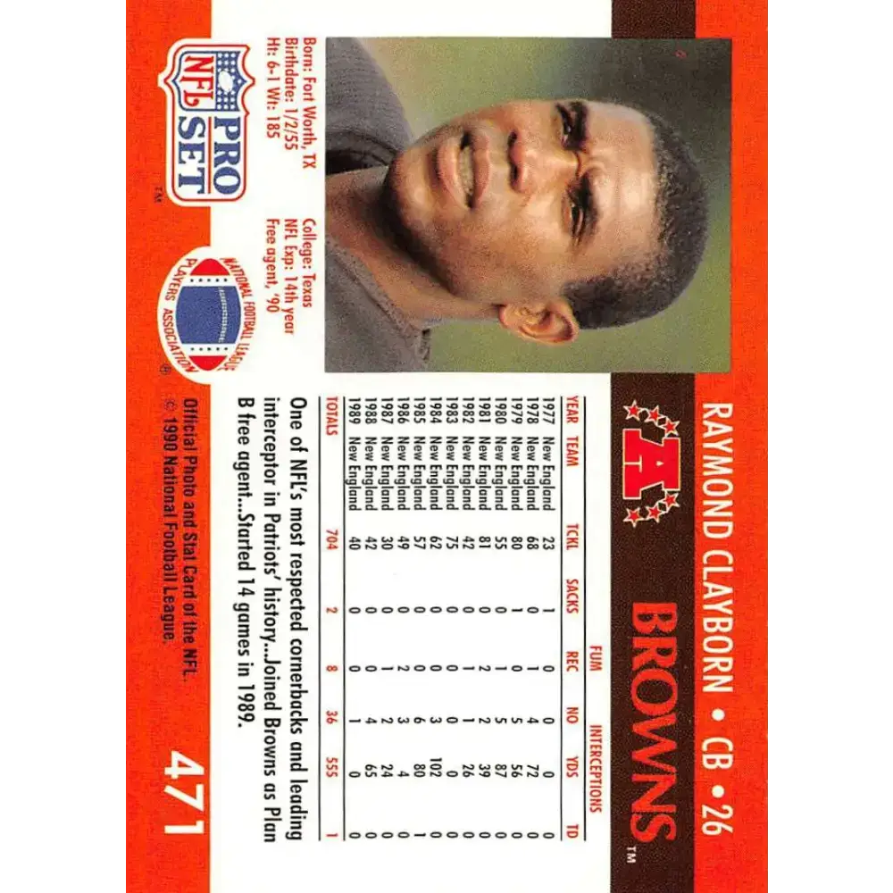 1990 Pro Set #471 Raymond Clayborn NM-MT Cleveland Browns Football Card - Football Card Single