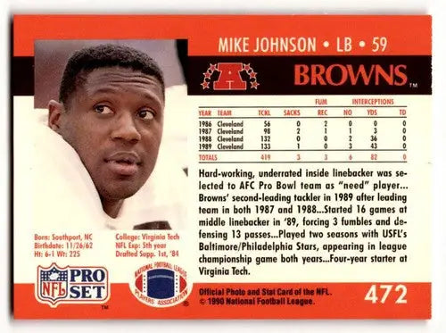 Mike Johnson Cleveland Browns football card with original gloss from 1990 Pro Set
