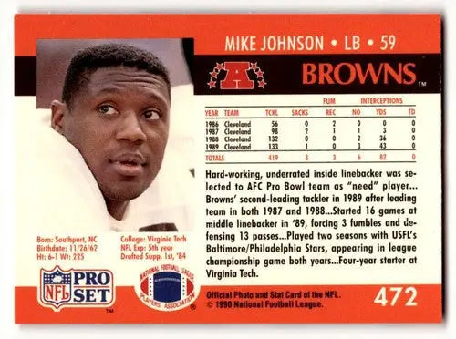 Original gloss Mike Johnson Cleveland football card from 1990 Pro Set Browns ID:60168