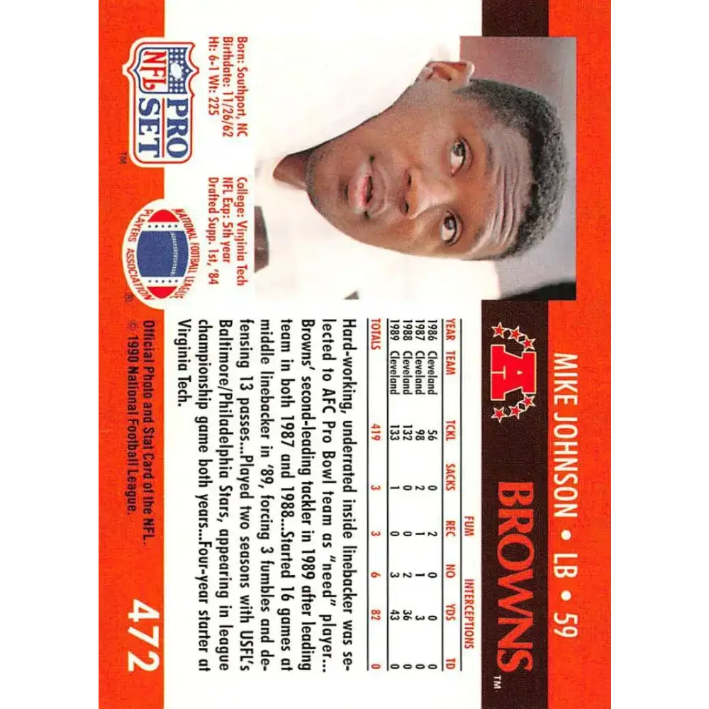 1990 Pro Set #472 Mike Johnson NM-MT Cleveland Browns Football Card - Football Card Single
