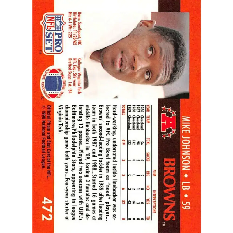1990 Pro Set #472 Mike Johnson NM-MT Cleveland Browns Football Card - Football Card Single