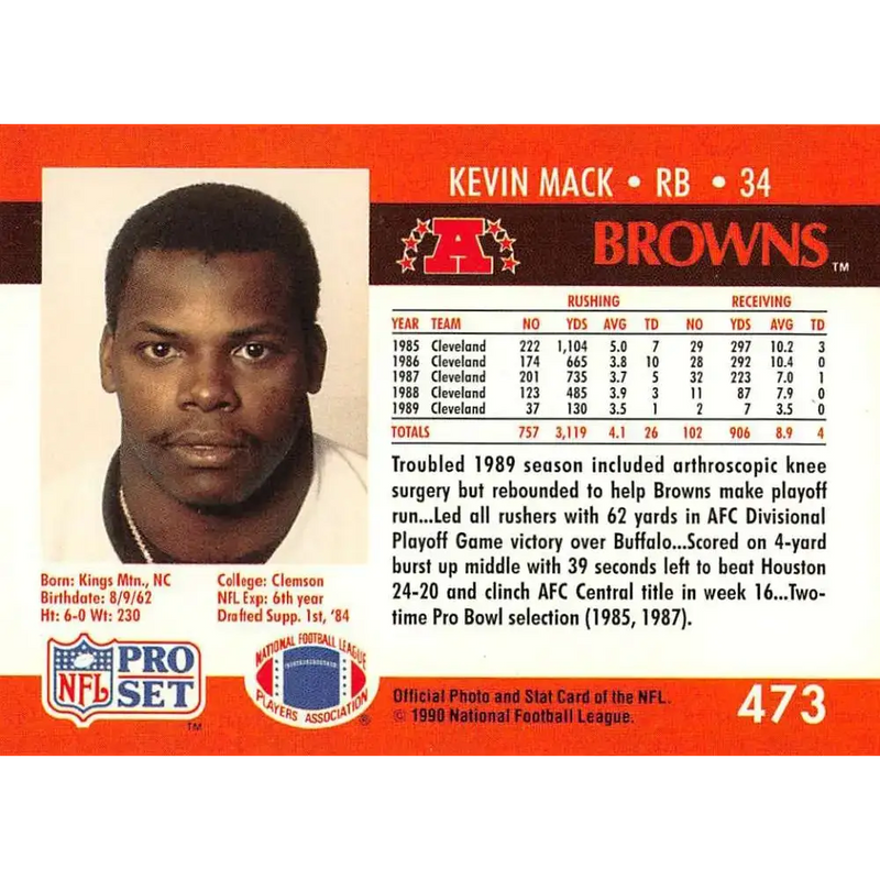 1990 Pro Set #473 Kevin Mack NM-MT Cleveland Browns Football Card - Football Card Single