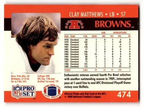 Original gloss Clay Matthews Cleveland football card from 1990 Pro Set featuring Matthews Cleveland Browns