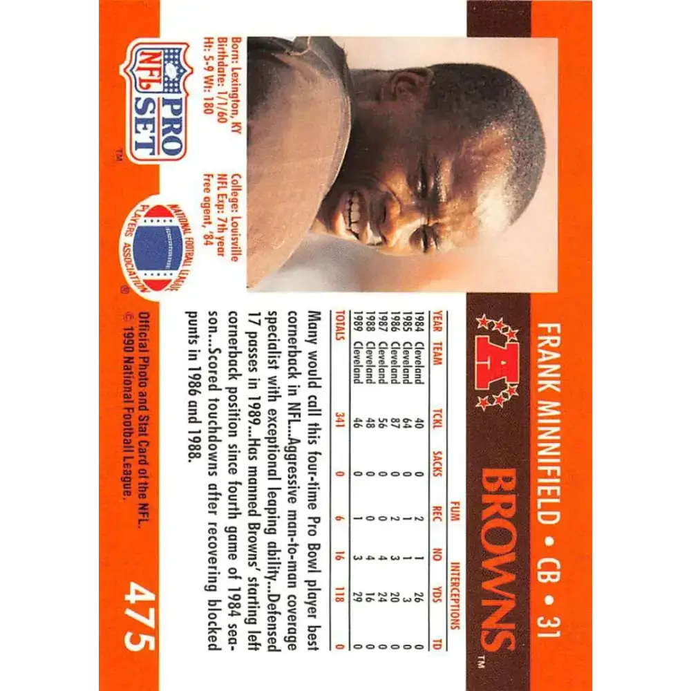 1990 Pro Set #475 Frank Minnifield NM-MT Cleveland Browns Football Card - Football Card Single