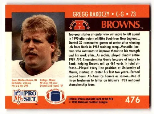 Gregg Rakoczy Cleveland Browns football card from 1990 Pro Set #476