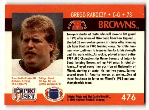 Gregg Rakoczy Cleveland Browns football card from 1990 Pro Set collection