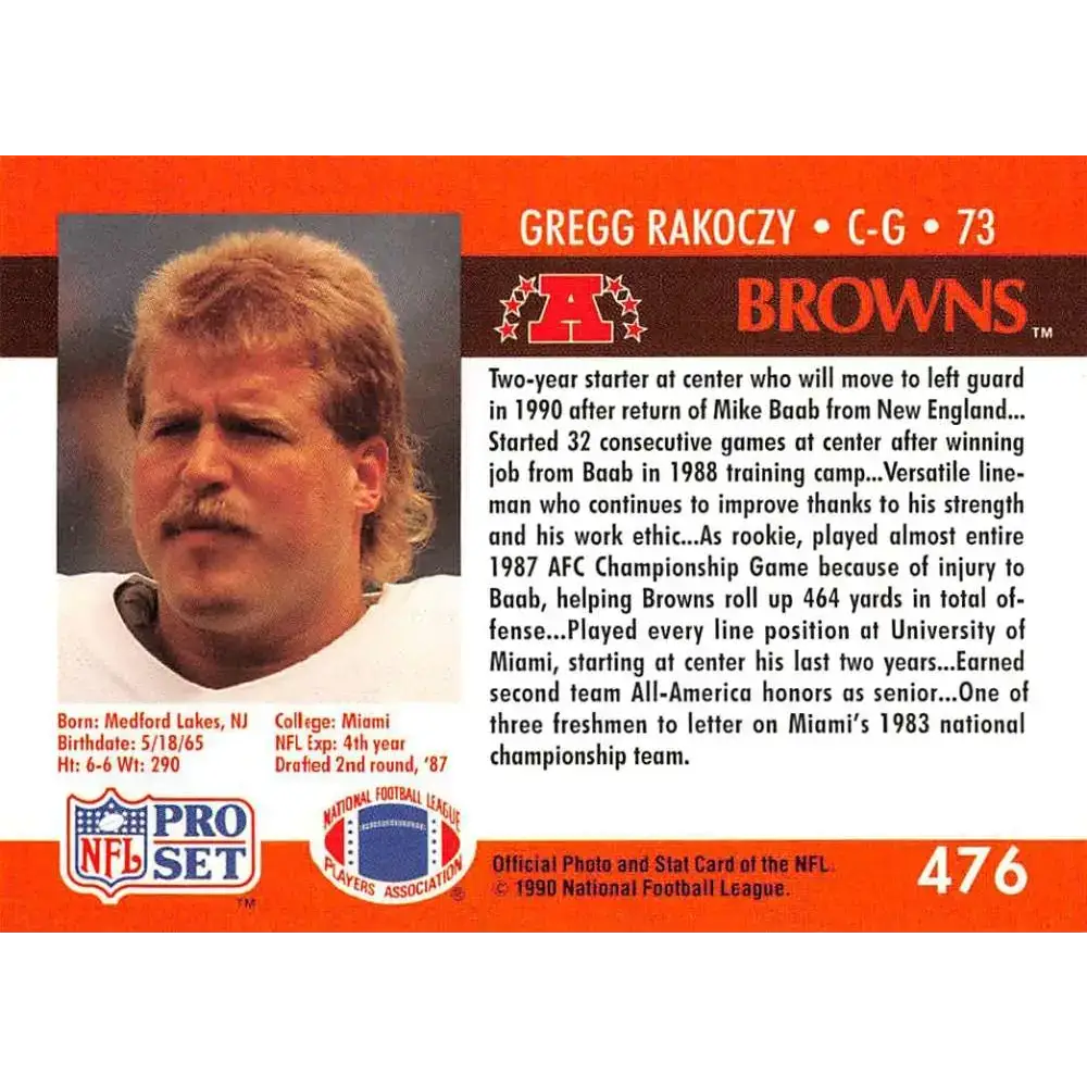 1990 Pro Set #476 Gregg Rakoczy NM-MT RC Rookie Cleveland Browns Football Card - Football Card Single