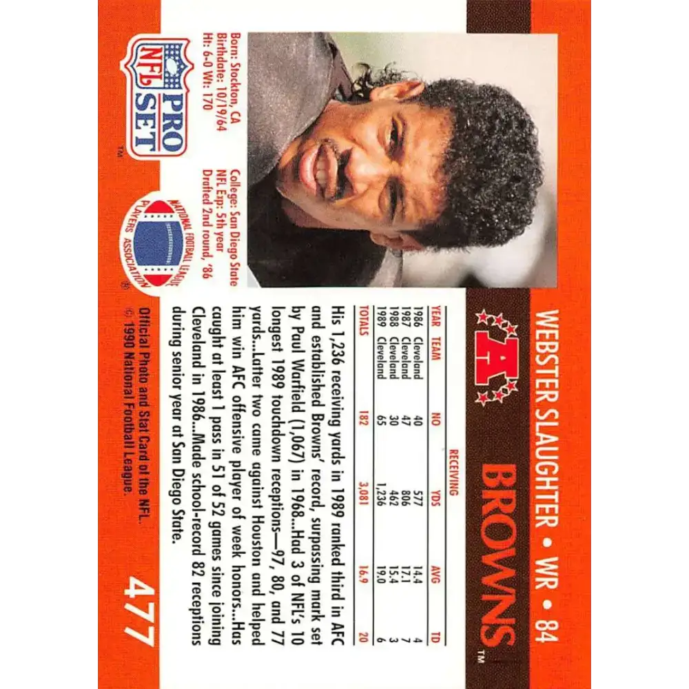 1990 Pro Set #477 Webster Slaughter NM-MT Cleveland Browns Football Card - Football Card Single