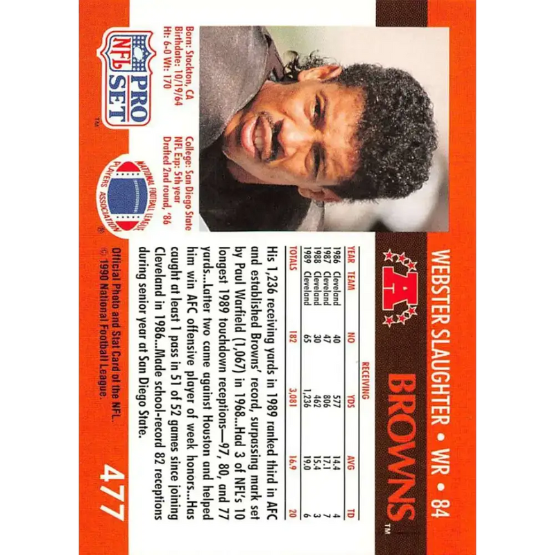 1990 Pro Set #477 Webster Slaughter NM-MT Cleveland Browns Football Card - Football Card Single