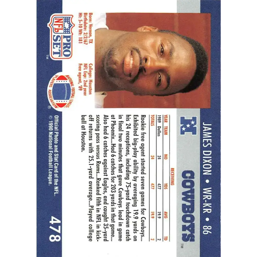 1990 Pro Set #478 James Dixon NM-MT RC Rookie Dallas Cowboys Football Card - Football Card Single