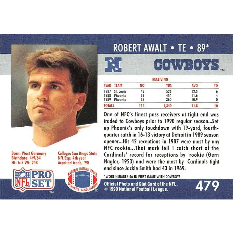 1990 Pro Set #479 Robert Awalt NM-MT Dallas Cowboys Football Card - Football Card Single