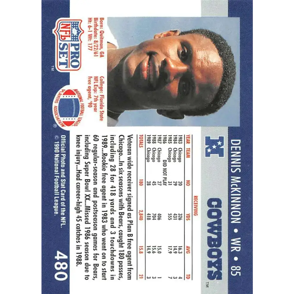 1990 Pro Set #480 Dennis McKinnon NM-MT Dallas Cowboys Football Card - Football Card Single