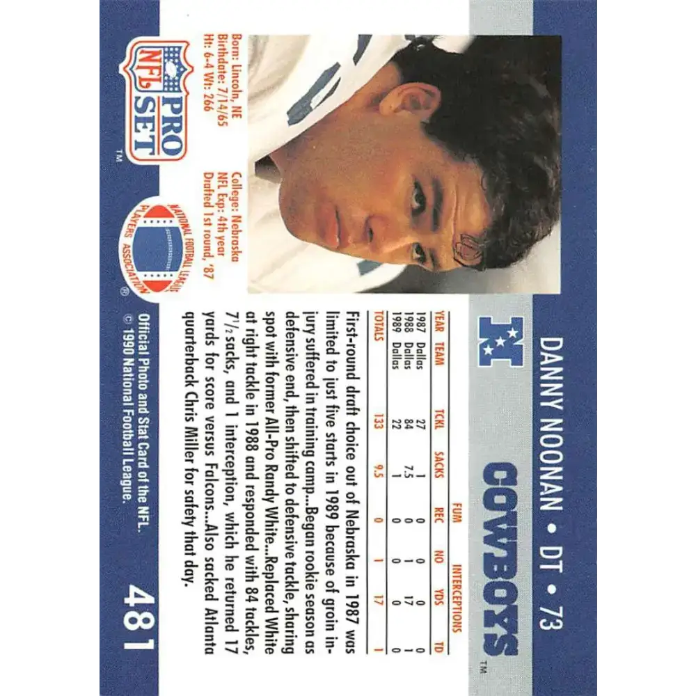 1990 Pro Set #481 Danny Noonan NM-MT Dallas Cowboys Football Card - Football Card Single