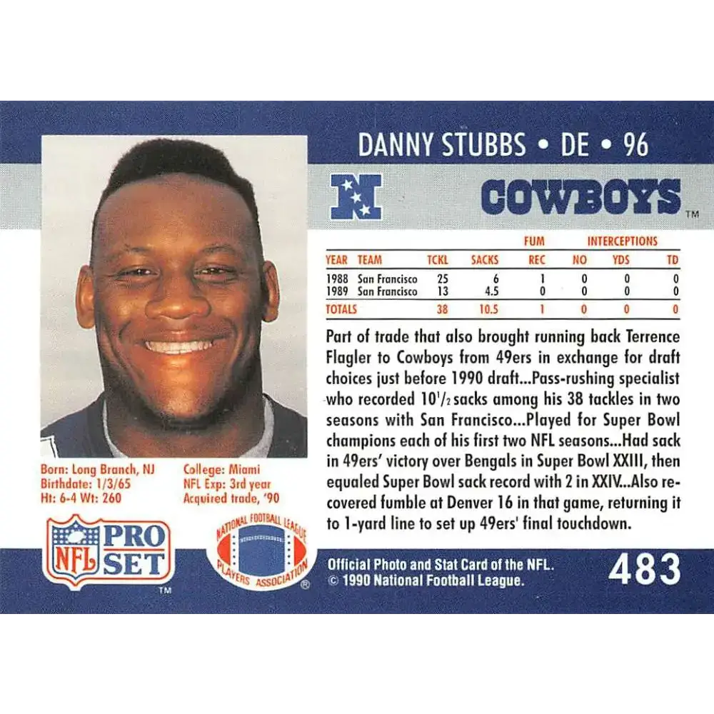 1990 Pro Set #483 Danny Stubbs NM-MT Dallas Cowboys Football Card - Football Card Single