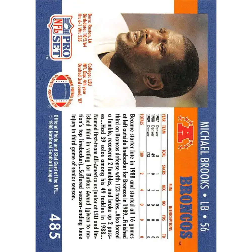 1990 Pro Set #485 Michael Brooks NM-MT RC Rookie Denver Broncos Football Card - Football Card Single