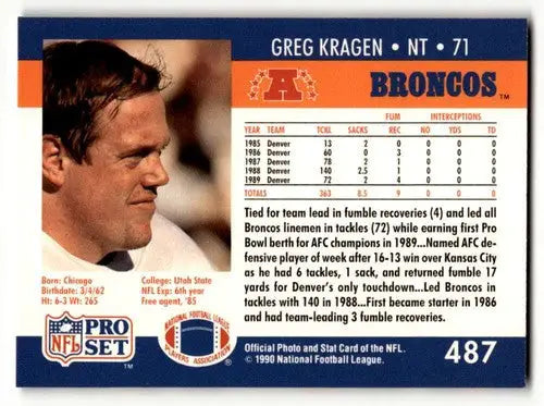 Original gloss Greg Kragen Denver Broncos football card from 1990 Pro Set #487