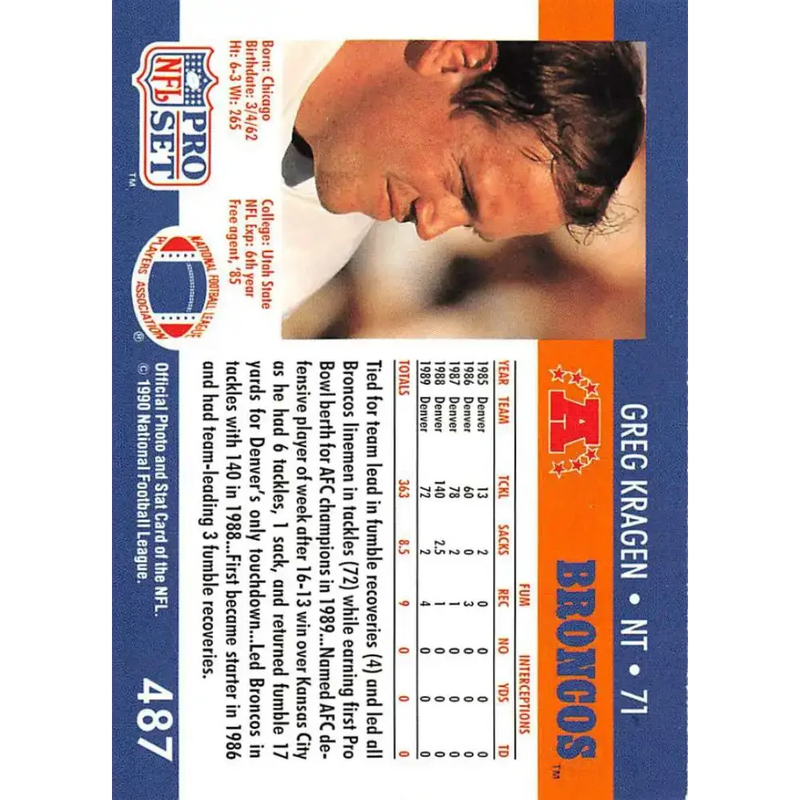 1990 Pro Set #487 Greg Kragen NM-MT Denver Broncos Football Card - Football Card Single