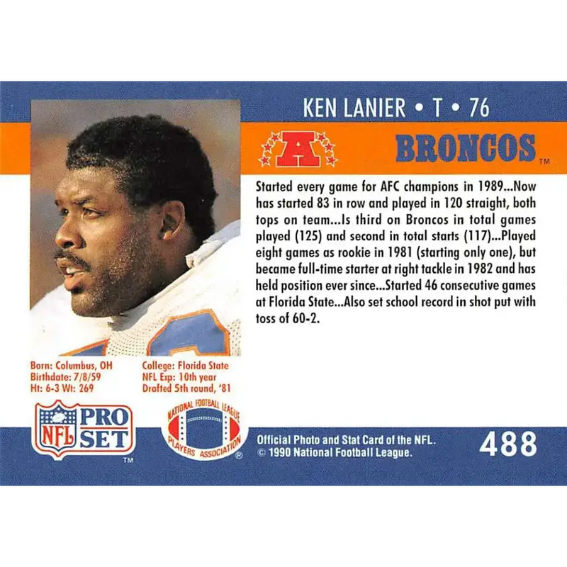 1990 Pro Set #488 Ken Lanier NM-MT RC Rookie Denver Broncos Football Card - Football Card Single